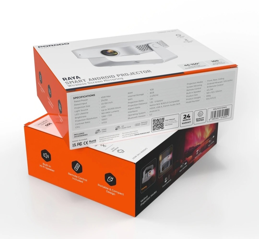 ویدیو پروژکتور هوشمند پرودو مدل ( PDLFSTC12WH Porodo Raya Smart Android Projector )